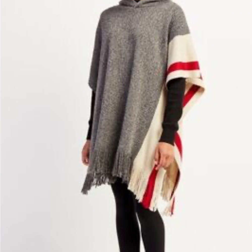 ROOTS CABIN Red and Cream Knit Poncho With Hood